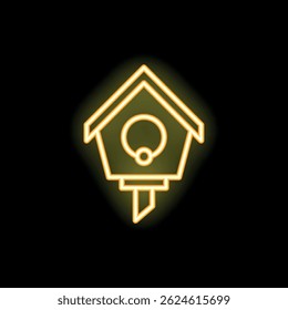 Neon icon of a birdhouse glowing on a dark background, perfect for any project needing a bright, eye catching element