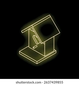 Neon icon of birdhouse glowing yellow on black background