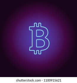 Neon icon of blue Bitcoin. Vector illustration of blue Neon Bitcoin consisting of neon outlines, with backlight on the dark background