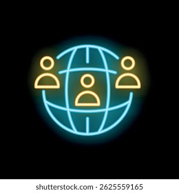 Neon icon of a blue globe with people connecting around the world