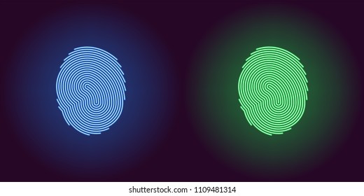 Neon icon of Blue and Green Fingerprint. Vector illustration of Blue and Green Scanning System of User Fingerprint consisting of neon outlines, with backlight on the dark background