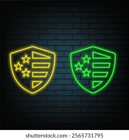 Neon icon of Blue and Green Network Shield. Vector illustration of Neon Shield consisting of neon outlines, with backlight on the dark background.