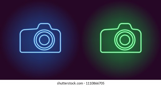 Neon icon of Blue and Green Photo Camera. Vector illustration of Blue and Green Neon Camera consisting of neon outlines, with backlight on the dark background