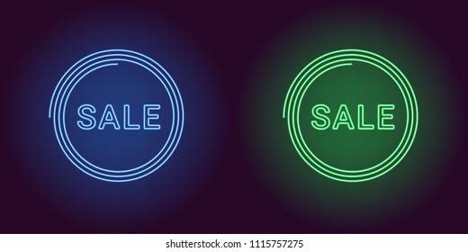 Neon icon of Blue and Green Sale badge. Vector illustration of Neon Sale Offer consisting of neon outlines and spiral frame, with backlight on the dark background