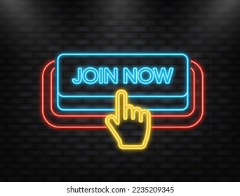 Neonsymbol. Symbol mit blauem Join jetzt neonaler Knopf auf weißem Hintergrund für Web-Marketing-Design.Vektorgrafik