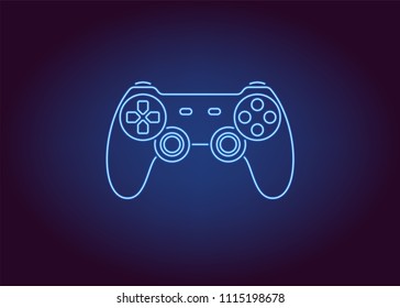 Neon icon of Blue Joystick. Vector illustration of Wireless Gamepad consisting of neon outlines. Neon Gaming Joystick with backlight on the dark background