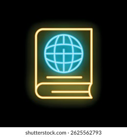 Neon icon of a book featuring a globe, representing international knowledge and education