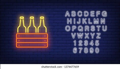 Neon icon of box with bottles. Beer, cold drink, alcoholic beverage. Bar or pub concept. Can be used for signs, billboards, banners