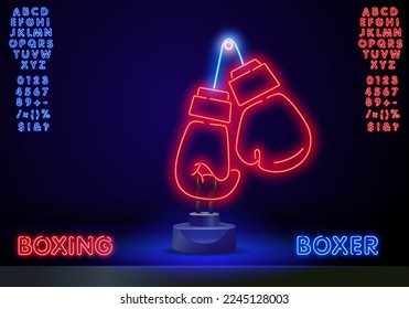 Neon icon of boxing competition. Protective gloves in round on brick wall background. Sport or fight club concept. Can be used for neon signs, posters, billboards, banners.