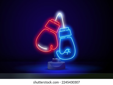 Neon icon of boxing competition. Protective gloves in round on brick wall background. Sport or fight club concept. Can be used for neon signs, posters, billboards, banners.