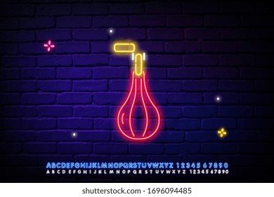 Neon icon of boxing training. Protective glove beating punching bag on brick wall background. Sport or fight club concept. Can be used for neon signs, posters, billboards, banners.