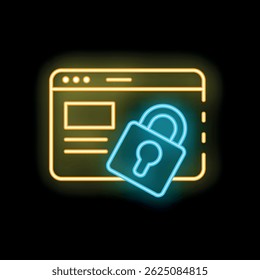 Neon icon of a browser window with a padlock, representing a secure website
