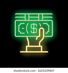 Neon icon of businessman hand holding dollar banknotes glowing on dark background