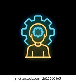 Neon icon of a businessman having an idea for a project with gears spinning in his head