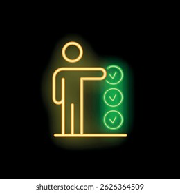 Neon icon of businessman pointing at completed checklist representing business success and goal achievement