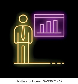 Neon icon of a businessman standing and presenting a growing chart on a board