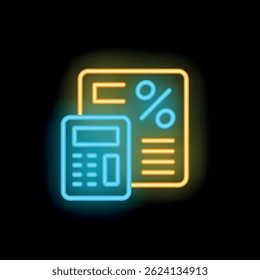 Neon icon of a calculator calculating the percentage symbol on a document