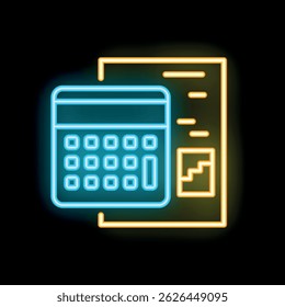 Neon icon of a calculator next to a financial report showing a growing chart