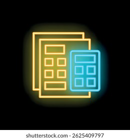 Neon icon of a calculator performing calculations on documents with a dark background