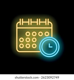 Neon icon of a calendar with a clock representing time management