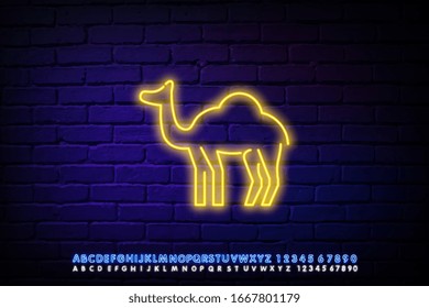 Neonsymbol eines Kamels. Lichtbanner. Helles Nachtschild. Helles Symbol. Konzept einer Club-Bar auf dunklem Hintergrund. Bearbeitbare Vektorillustration mit Text.