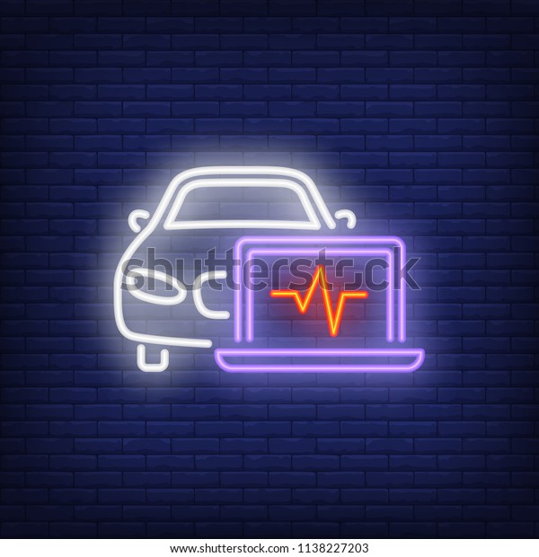 Neon icon of car diagnosis. Laptop, cardiogram,\
vehicle. Car repair concept. Can be used for maintenance, garage,\
service, support