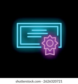 Neon icon of a certificate with a badge is glowing, symbolizing online education and the achievement of knowledge