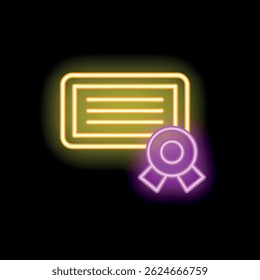 Neon icon of a certificate with a seal is glowing, representing achievement and success