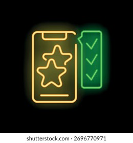 Icono de neón de una lista de verificación con marcas de verificación junto a una casilla con estrellas, que representa el Comentarios positivo y la satisfacción del Cliente