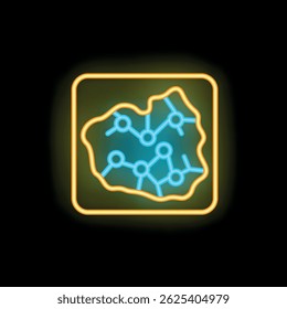 Neon icon of chemical bonds, glowing blue and yellow, set against a black background