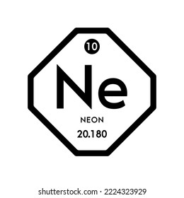 Neonsymbol chemische Elemente und Formeln Atomnummer wissenschaftliche, atomare Gewicht. Periodisches Tischsymbol einzeln auf weißem Hintergrund. Konzept der ökologischen Biochemie. Vektor EPS10.