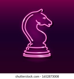 Neon icon of chess knight horse on dark gradient background. Board game, strategy, competition concept. Vector 10 EPS illustration.