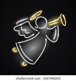 Neon icon of Christmas angel blowing on trumpet isolated on dark background. Christmas, Easter, holidais concept. Night neon singboard style. Vector 10 EPS illustration.