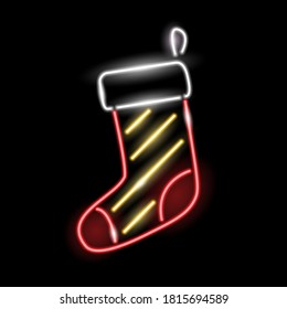 Neon icon of Christmas stocking or sock isolated on black background. Winter holidays, X-mas, gift, winter concept. Vector 10 EPS illustration.