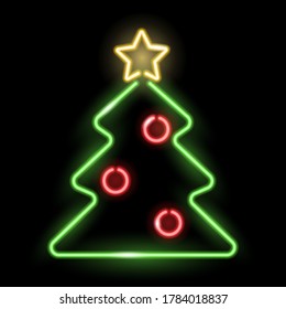 Neon icon of Christmas tree with with golden star and red balls isolated on black background. X-mas, winter, New Year concept. Vector 10 EPS illustration.