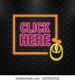 Neon Icon. Icon with click here 3D button on dark background for web marketing design. Flat deign. Social media element. White background. Vector illustration