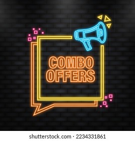 Neon Icon. Combo offers feedback megaphone red banner in 3D style on white background. Vector illustration