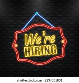Neon Icon. Come in We are hiring hanging sign on white background. Sign for door. Vector illustration.