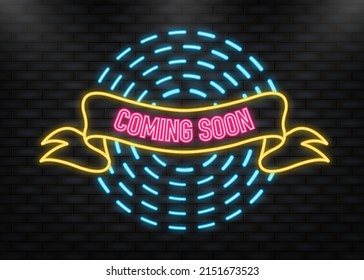 Neon Icon. Coming soon ribbon isolated on dark background. Vector illustration.