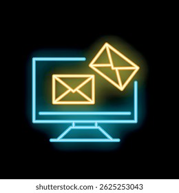 Neon icon of a computer displaying envelopes representing the concept of email marketing