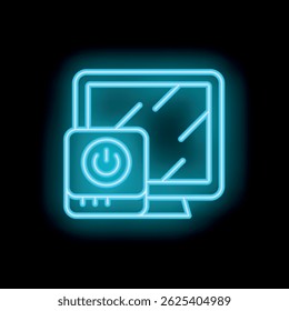 Icono de neón de una computadora que muestra un Botón de energía, que representa el concepto de encender o activar un dispositivo
