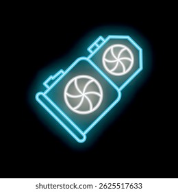 Neon icon of computer part cooling system with two spinning fans glowing on black background