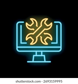 Neon icon of a computer screen with crossed wrenches representing online technical support, troubleshooting, and maintenance