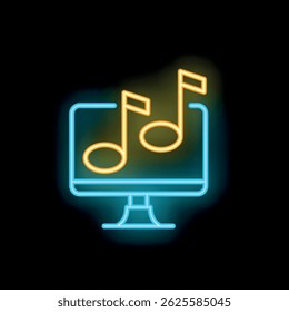 Neon icon of a computer screen displaying music notes, representing the concept of online music streaming