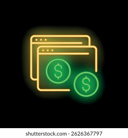 Neon icon of computer windows with dollar signs representing online payment processing, shopping, or digital banking