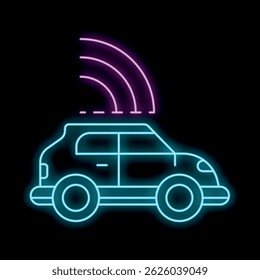 Neon icon of a connected car emitting a wifi signal, in blue and pink