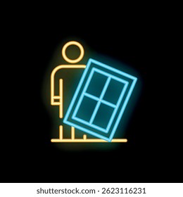 Neon icon of a construction worker holding a window, perfect for websites and apps