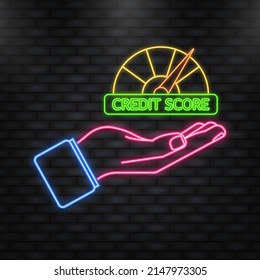 Neon Icon. Credit score speedometer in hand on white background.