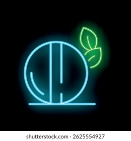 Neon icon of a cricket ball with motion lines and leaves, glowing brightly against a black background