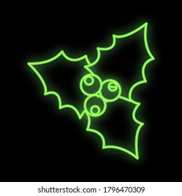 Neon icon of Cristmas holly with berry and leaves isolated on black background. Christmas, winter, New Year concept. Vector 10 EPS illustration.